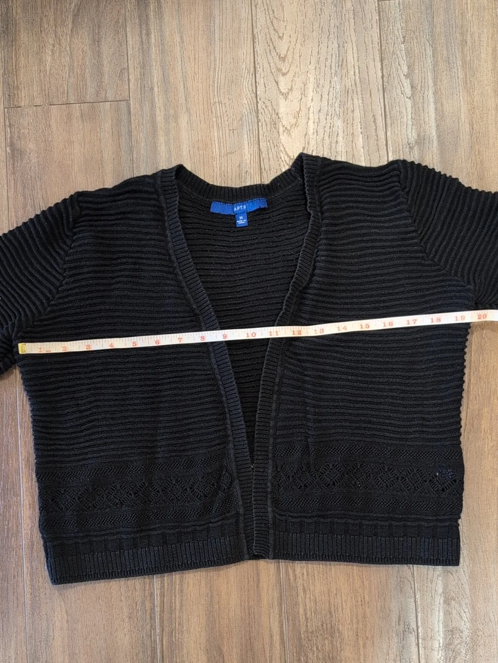 Apt. 9 Black Short-Sleeve Ribbed Open Cardigan Cropped Lace Cotton Trim